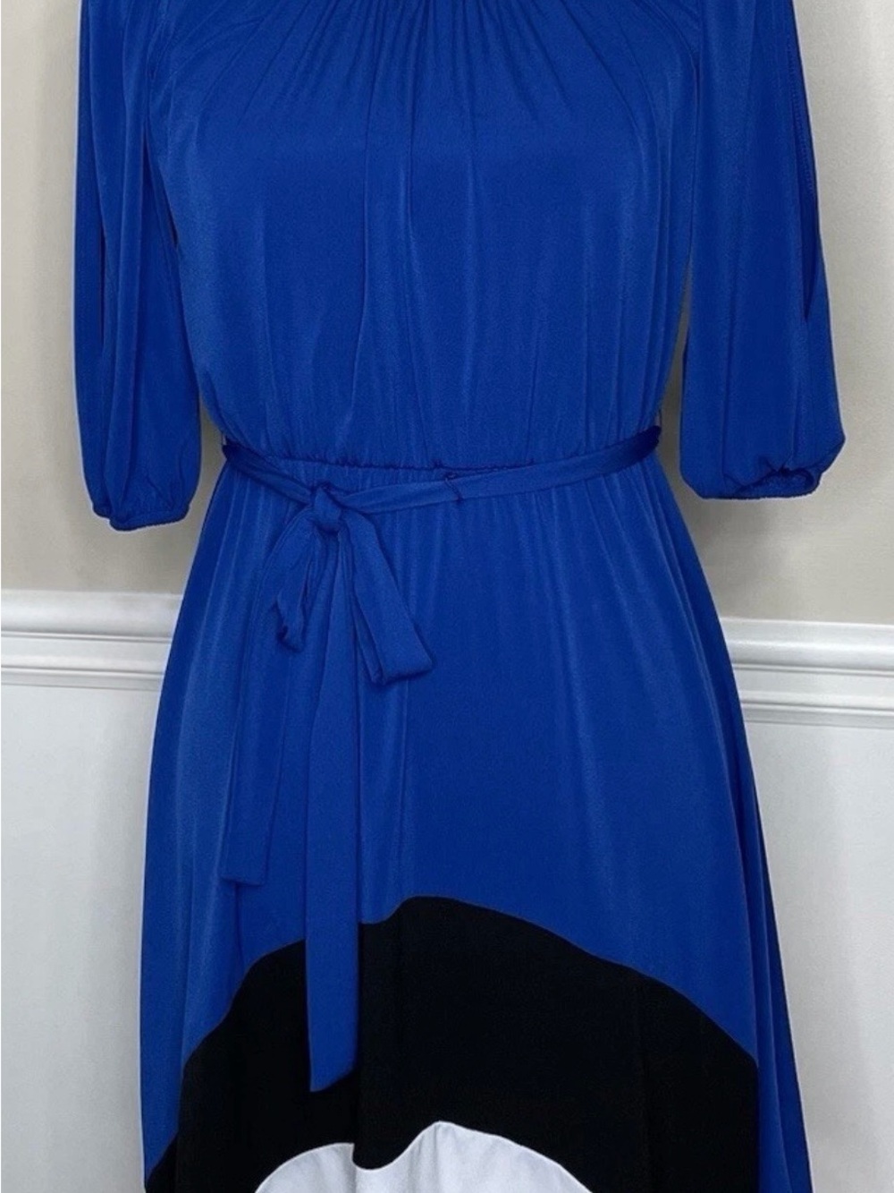 Sweet Storm Blue 3/4 Sleeve Tie-Waist Colorblock Midi Dress